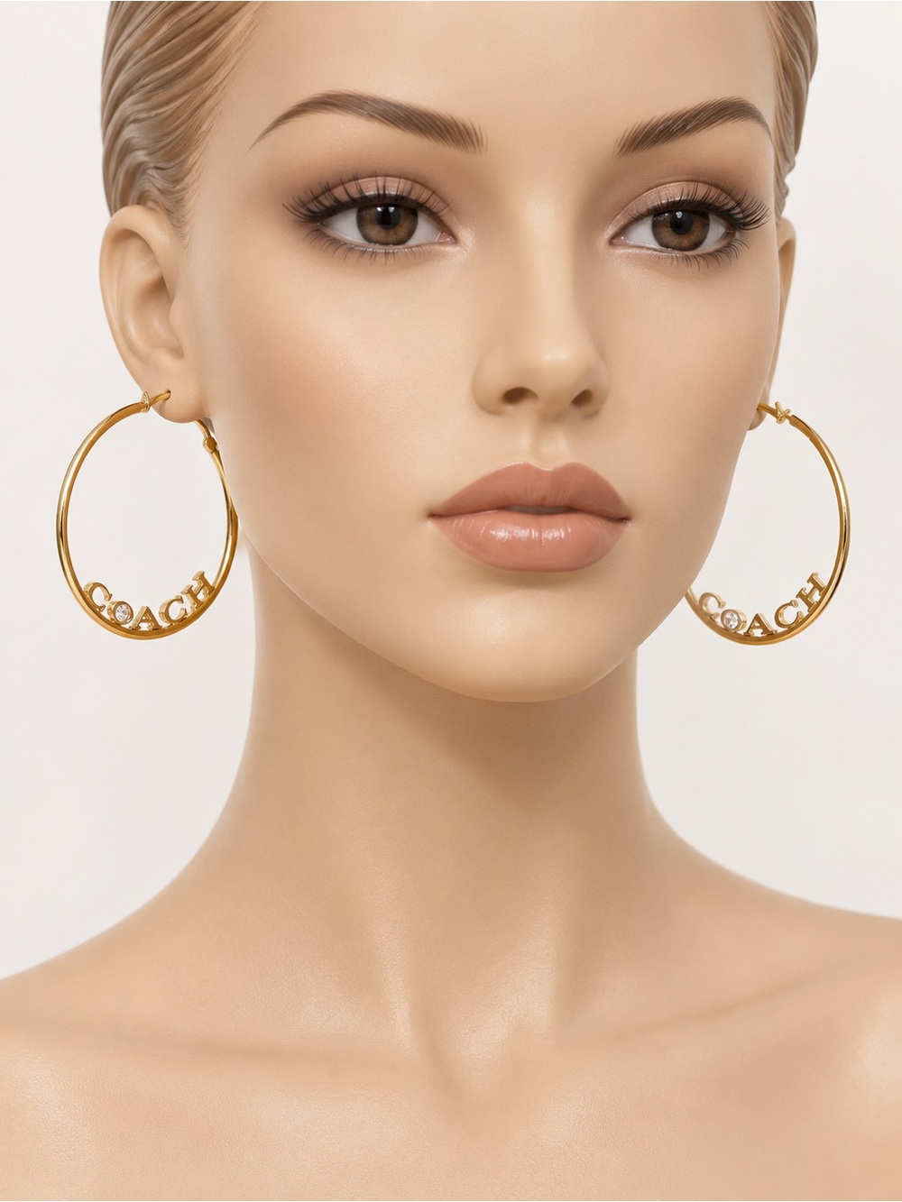 Coach Logo Script Pierce Hoop Earrings Gold-Tone & Clear Rhinestone